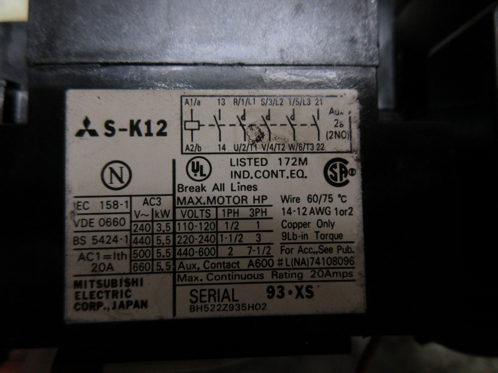 MITSUBISHI CONTACTOR S-K12 BH522Z901H04 93 X5 CNC LOT OF 2