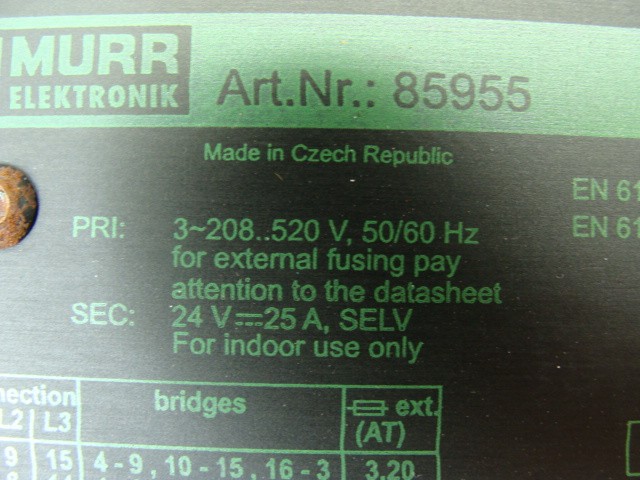 MURR ELEKTRONIK MPL25 85955 POWER SUPPLY 3PH 208-520V 24V SECONDARY