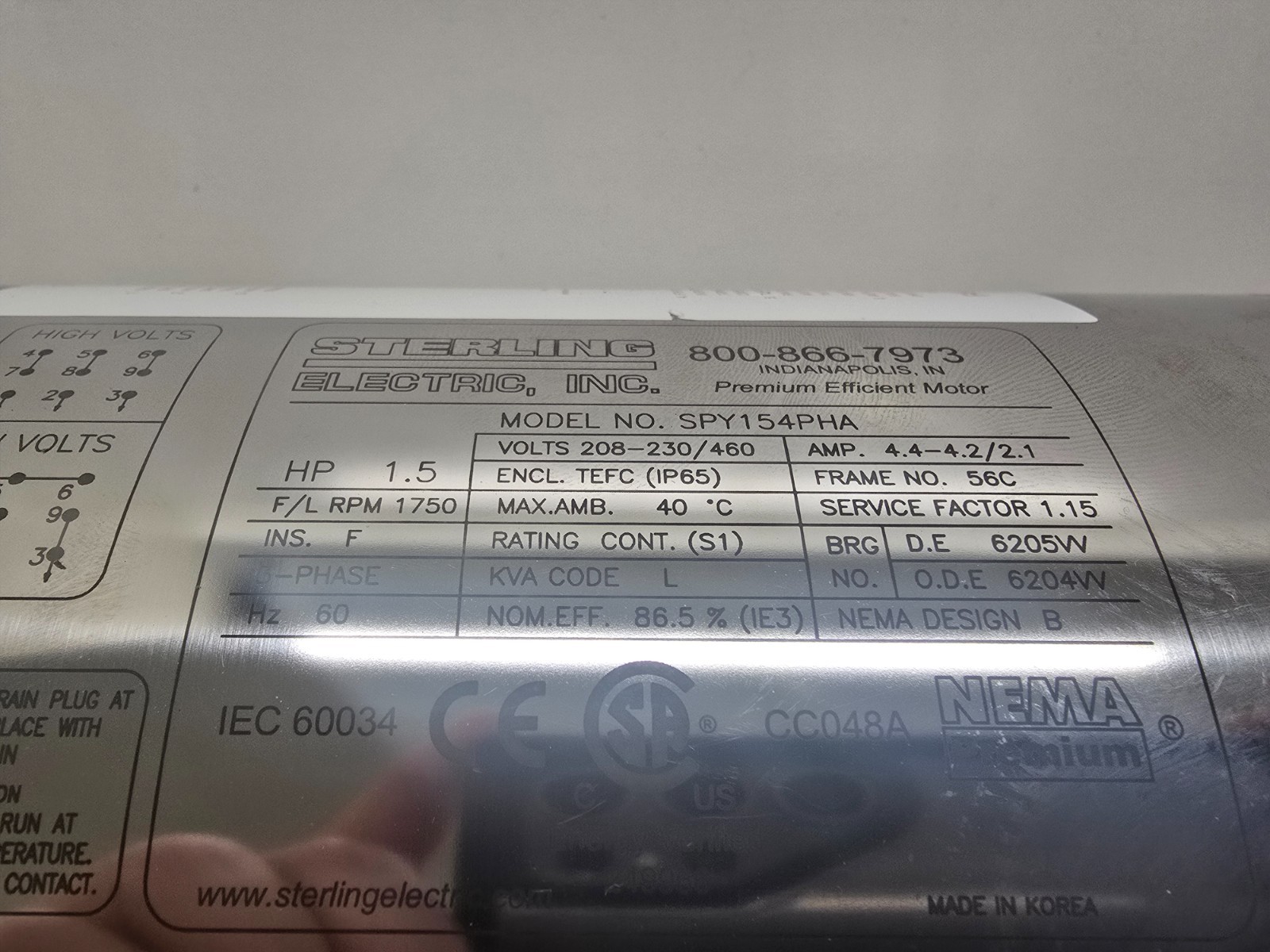 NOS STERLING ELECTRIC NEMA PREMIUM 1.5HP STAINLESS STEEL MOTOR SPY154PHA