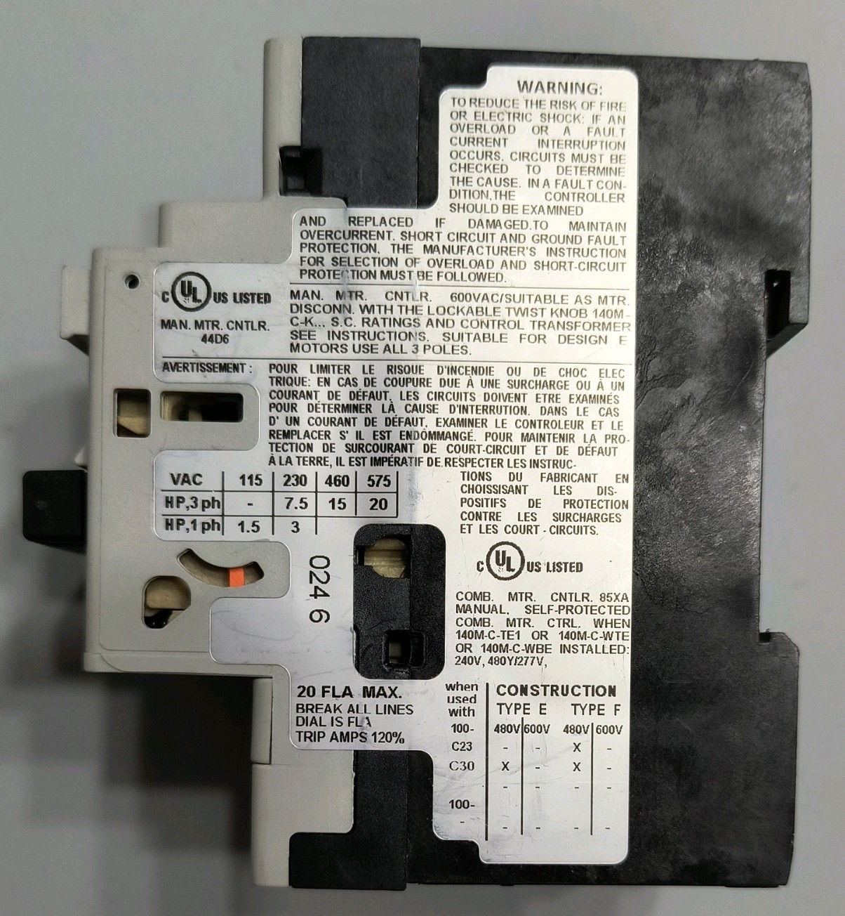 Allen-Bradley 140M-D8E-C20 Ser C, 14.5-20A, Motor Protector/Circuit Breaker