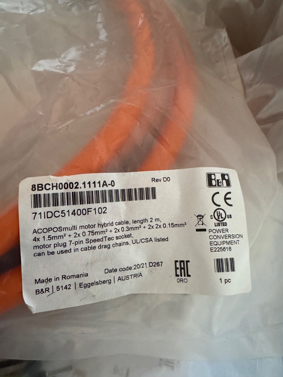B&R 8BCH0002.1111A‑0 ACOPOSmulti Hybrid Motor Cable 2 m -Free 2nd‑Day Air