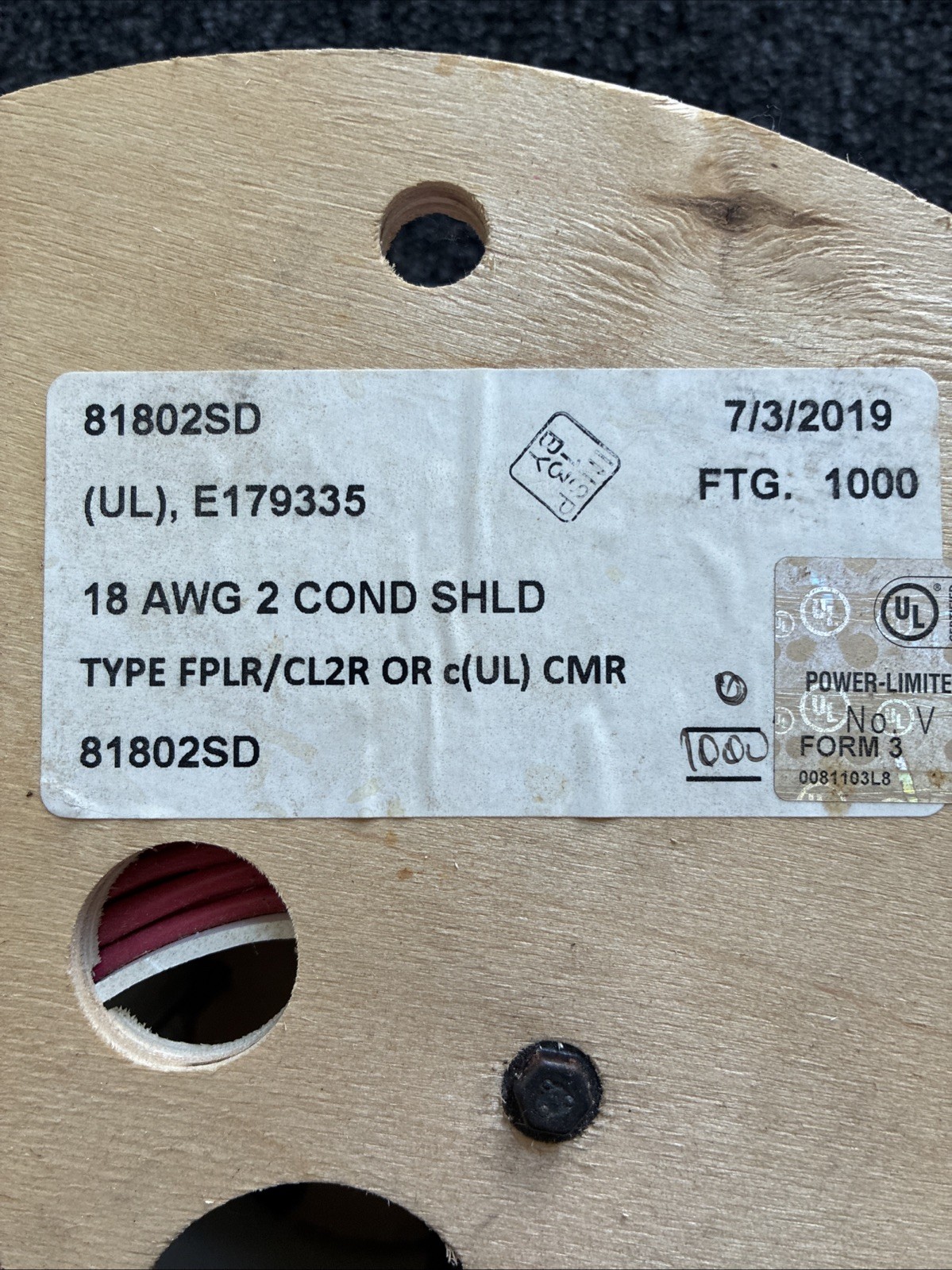 E179335 18 AWG 2 Conductor Wire Fire Alarm Cable 1000ft -Red Certified
