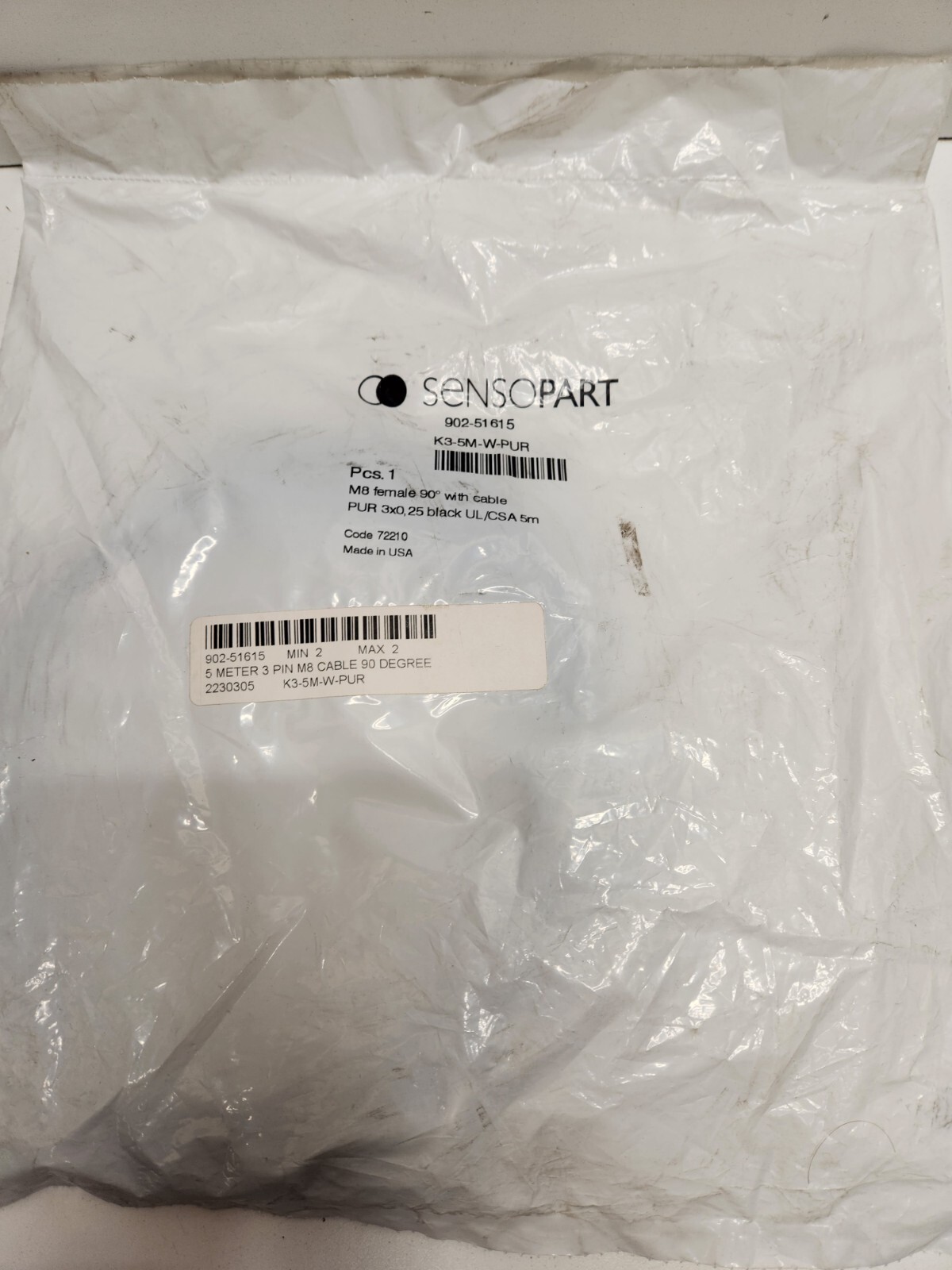 NEW OLD STOCK! SENSOPART 5M 3P M8 CABLE K3-5M-W-PUR 902-51615