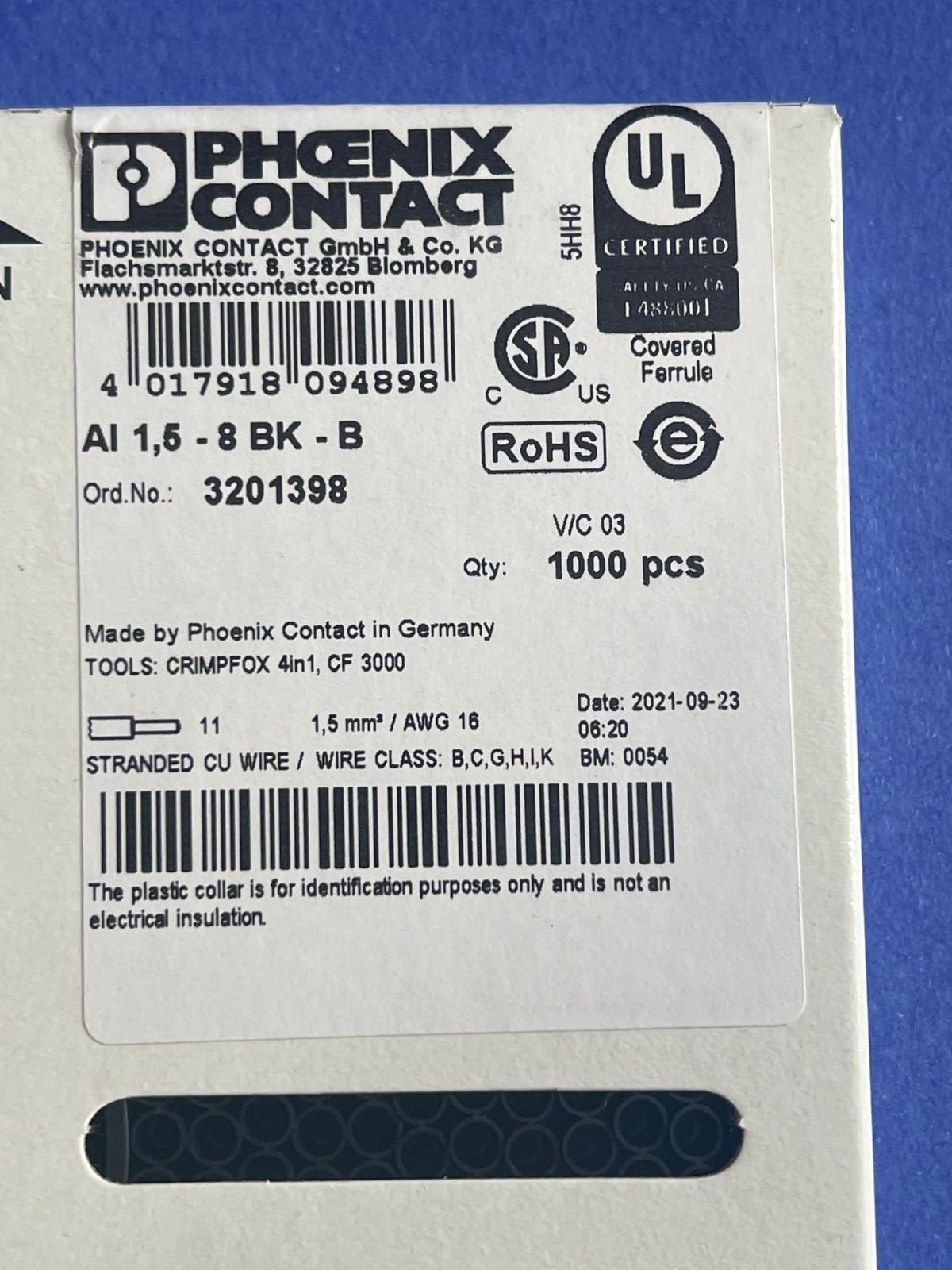 Lot Of 9 Boxes Phoenix Contact 3201398 AI 1, 5-8 BK-B 3 New