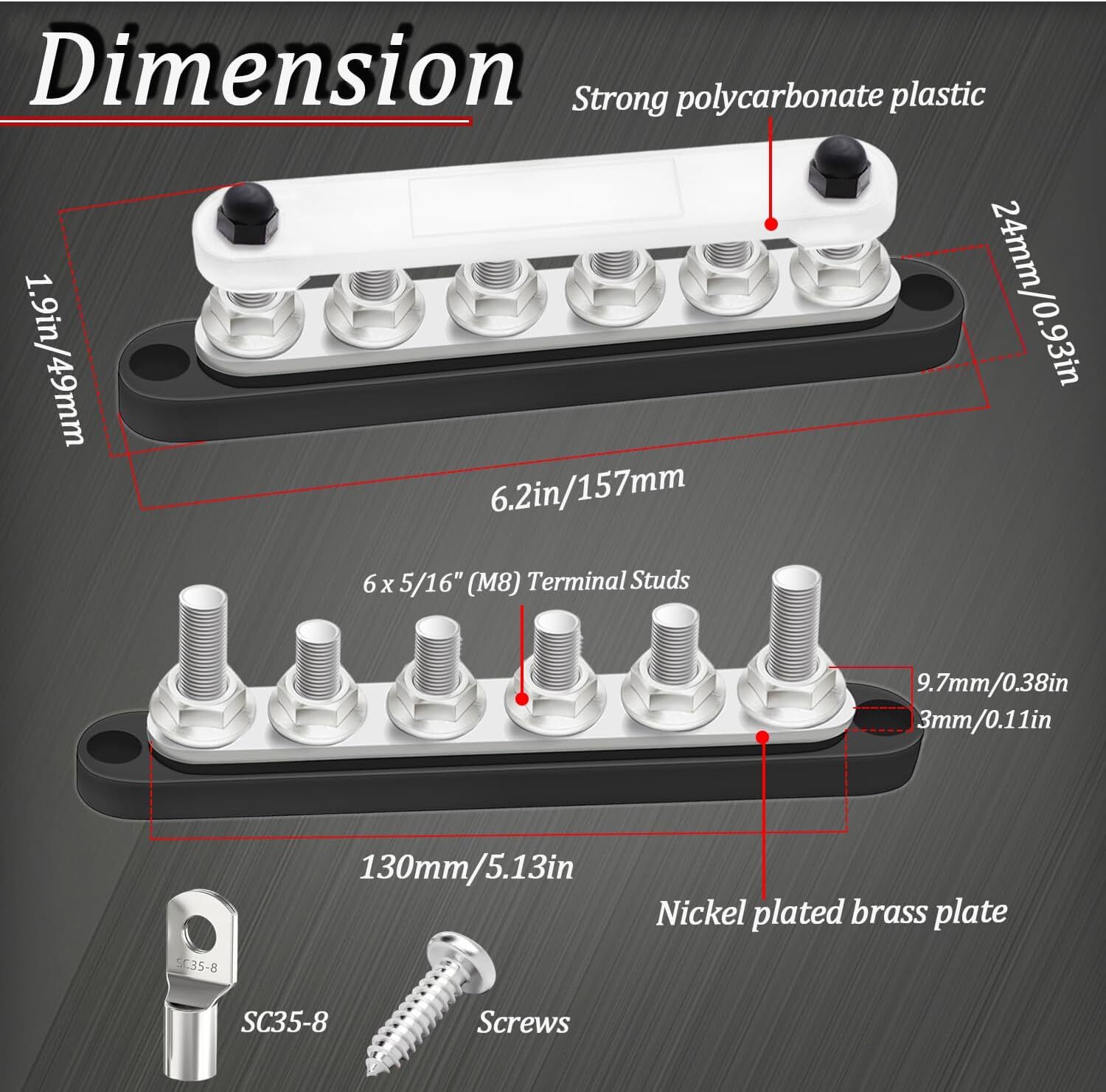 250A Bus Bar 12V Marine 6 x 5/16″ (M8) Terminal Studs 6 x