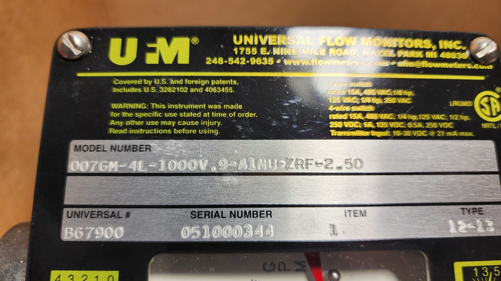UNIVERSAL FLOW MONITORS 0076M-4L-1000V.9-A1NU-ZRF-2.5D NOS