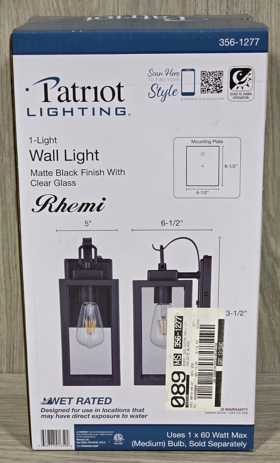 Patriot 356-1277 Wall Light Wet Rated Matte Black Finish Clear Glass – NEW –
