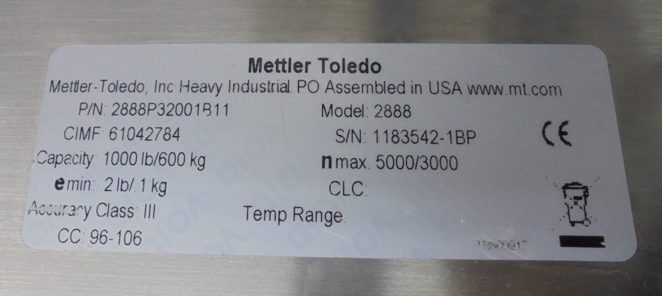 Mettler Toledo 2888P32001B11 Model 2888 4 Load Cell Capacity 1000lb/600kg