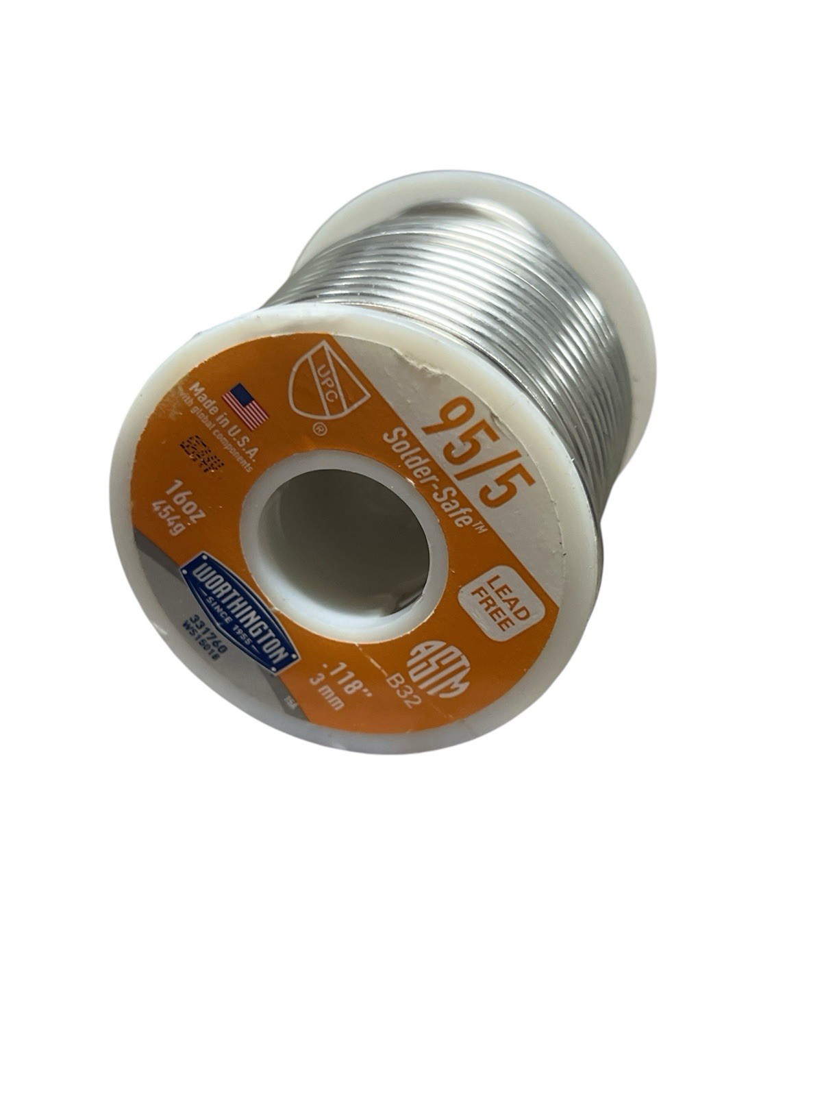 NEW Worthington WS15018 LEAD FREE SOLDER 95/5 .118″ 3MM 1LB. SPOOL 454G