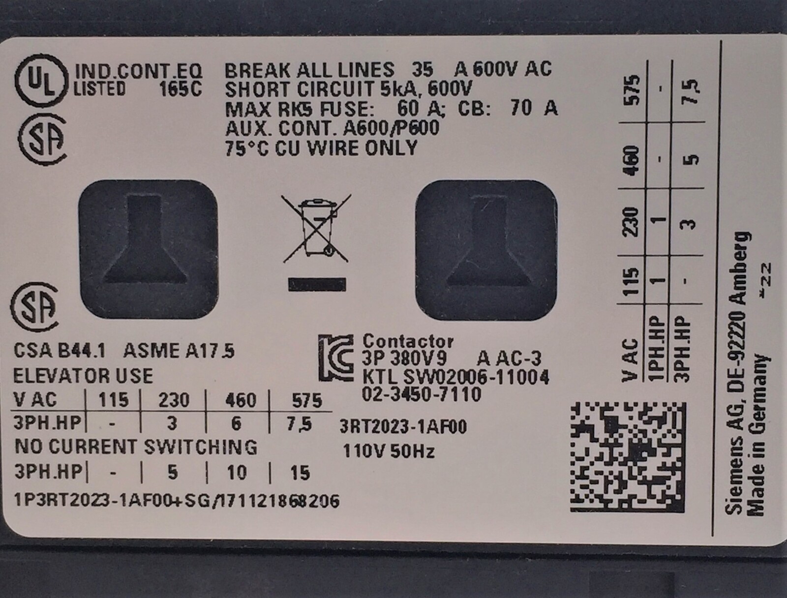 Siemens Sirius 3RT2023-1AF00 Contactor 9A 3P 4kW 110VAC NC Coil 