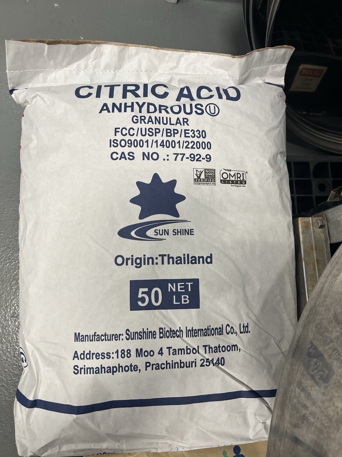 Sun Shine Citric Acid Anhydrous Granular 50 lb Bag Origin Thailand CAS 77-92-9