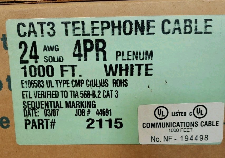 1000′ Telephone Wire CaT 3 4PR- 24 AWG OMNICABLE. #053