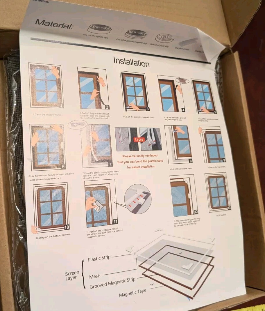 SimpleHome Magnetic Window Screen, Adjustable DIY White Frame Cut To Size New