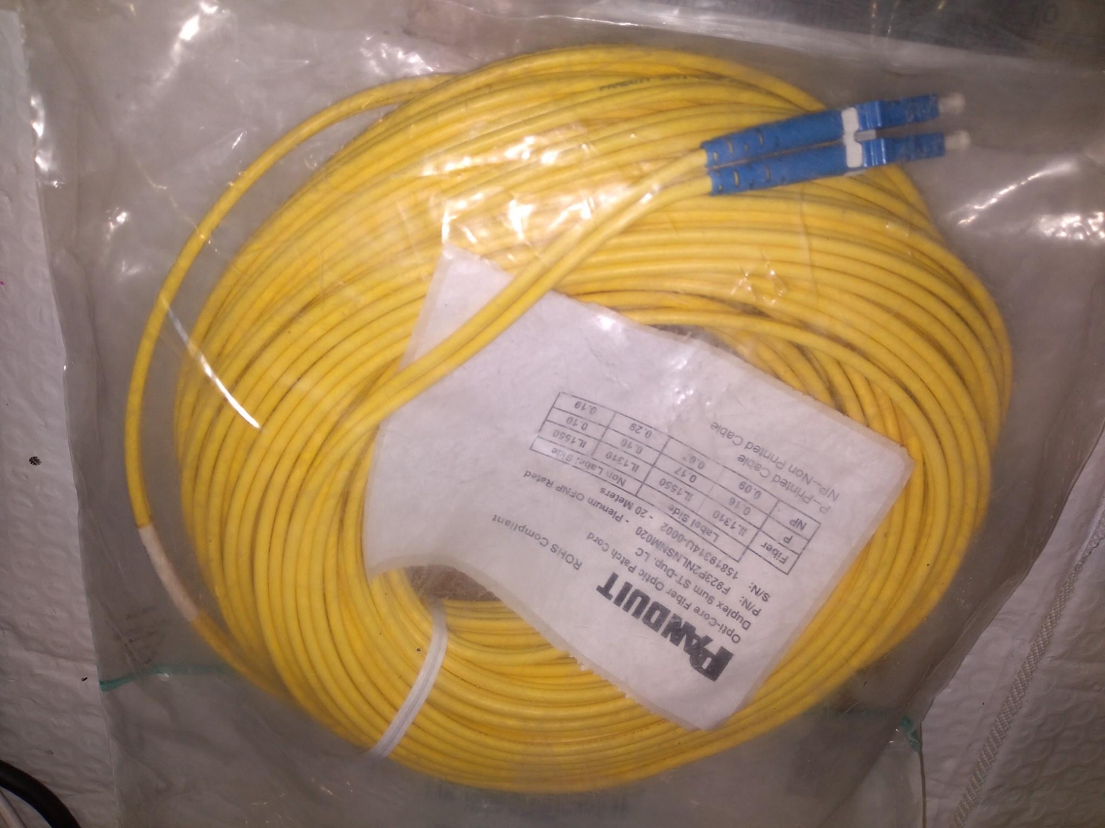 PANDUIT F923P2NLMSNM020 FIBER OPTIC PATCH CORD DUPLEX 9UM ST-DUP. LC .. 20M