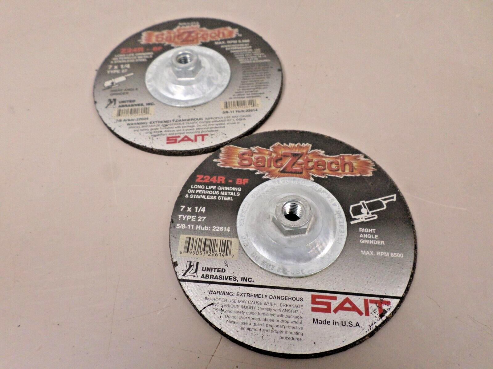 Lot of 2 – SAIT 22614 Z24R-BF 7 x 1/4 Type 27 Depressed Center Grinding Wheels