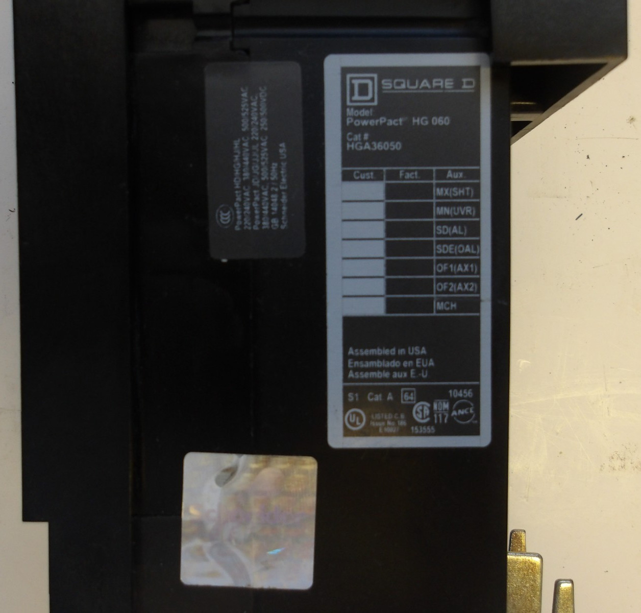 SQUARE D MOLDED CASE CIRCUIT BREAKER HG 060 50/60 HZ 50 AMP 3 POLE P/N HGA36050