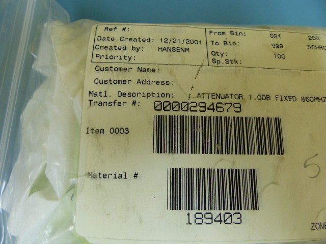 Scientific Atlanta 189403 Qty of 20 per Lot 1dB ATTENUATOR TO5 860MHZ 75 OHM