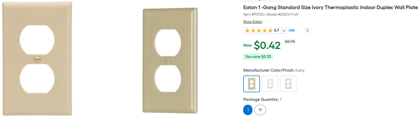 Eaton 50 -Gang Standard Size Ivory Thermoplastic Indoor Duplex Wall Plate.