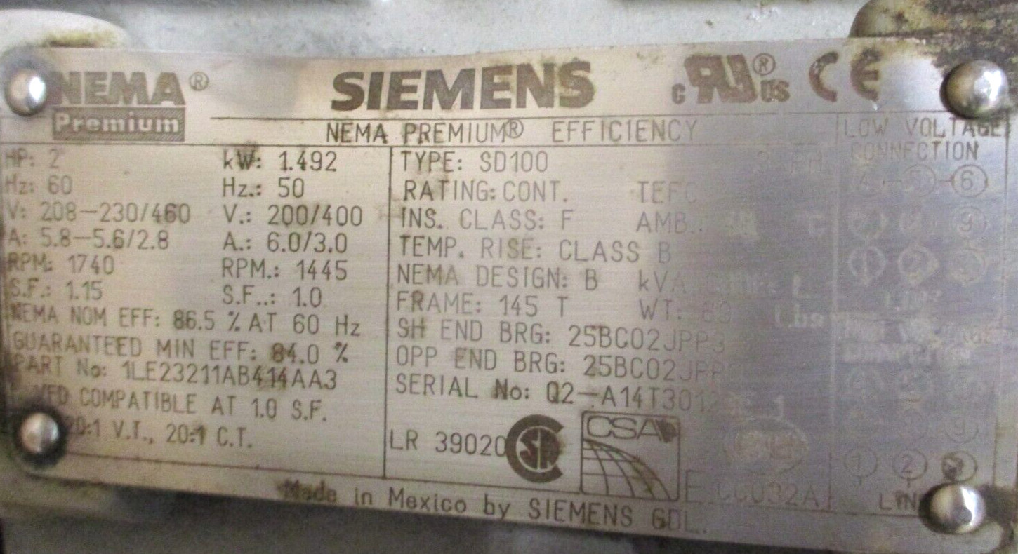 SIEMENS ELECTRIC MOTOR , 1LE23211AB414AA3 , 2-HP, 1740-RPM, CLEAN-USED