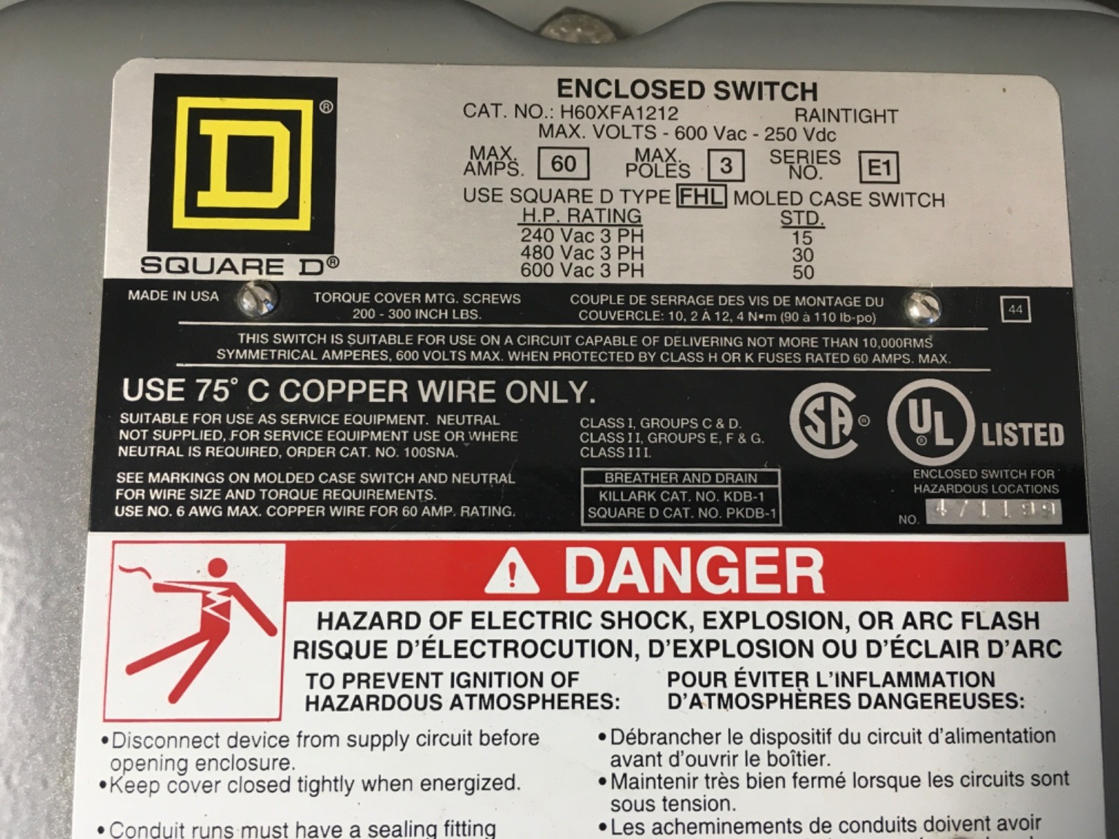 SQUARE D H60XFA1212 ENCLOSED SWITCH RAINTIGHT 600VAC/250VDC MAX 3 POLES