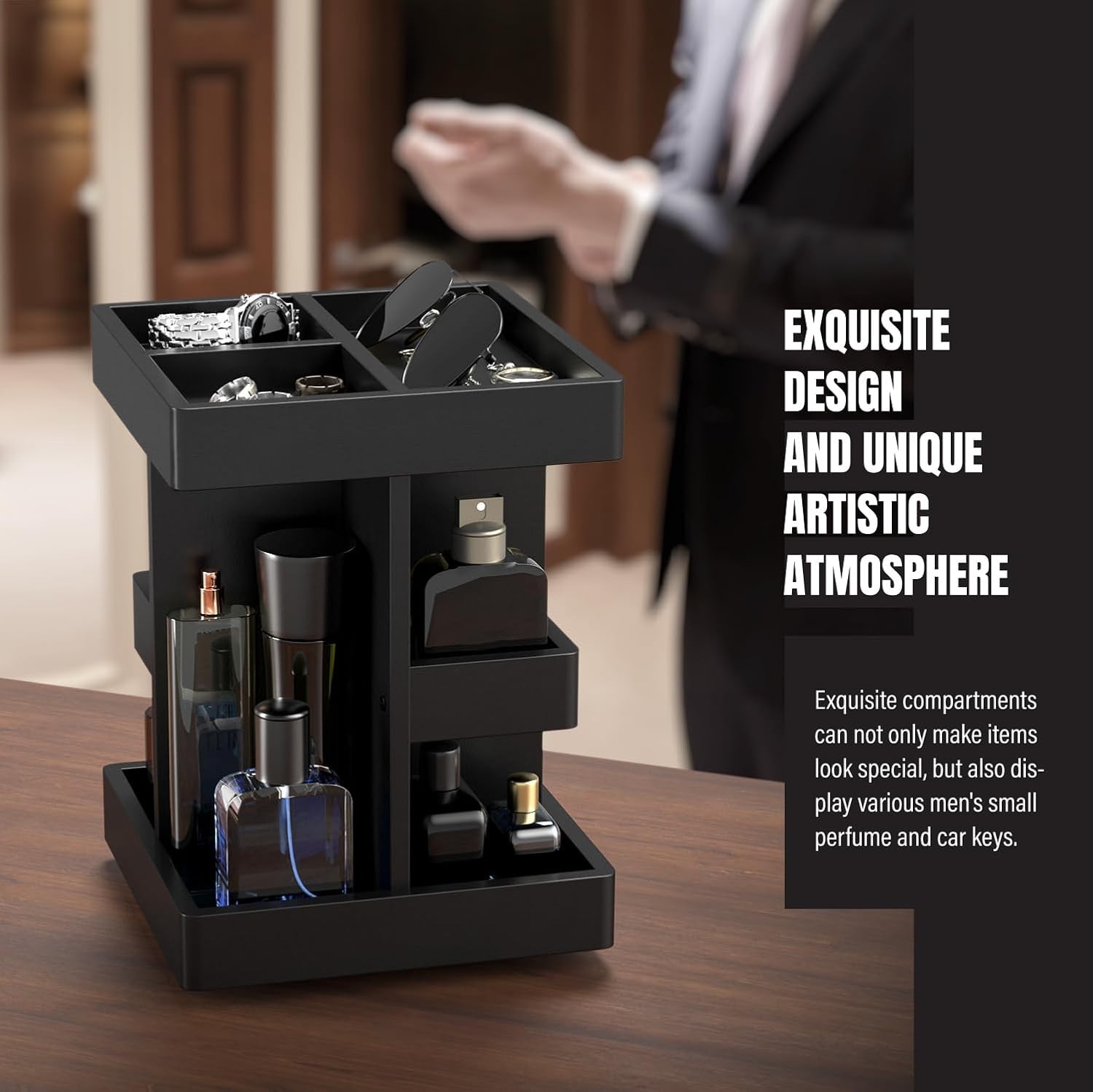 Cologne Organizer for Men,Cologne Stand,3 Tier Wooden Perfume Shelf with Rota…