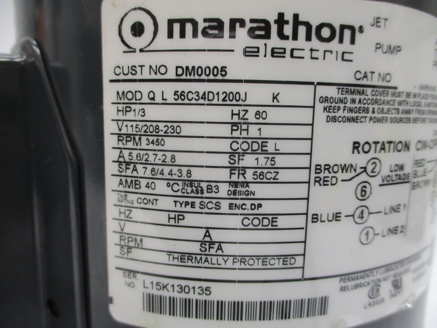 MARATHON ELECTRIC DM0005 QL56C34D1200JK 115/208-230V 5.6/2.7-2.8A NSNP