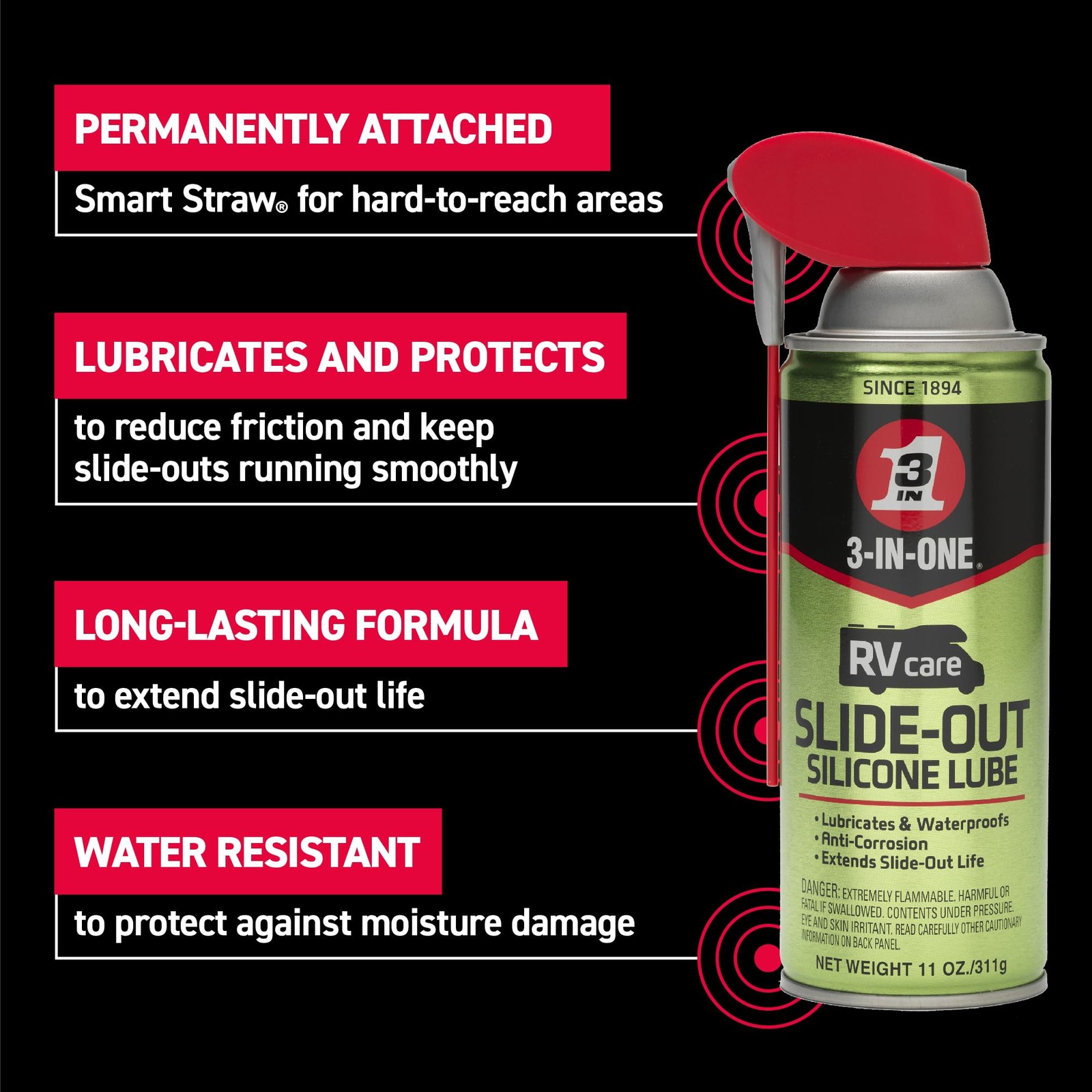 RV Slide-Out Silicone Lube with Smart Straw, 11 OZ – Dual Spray Options