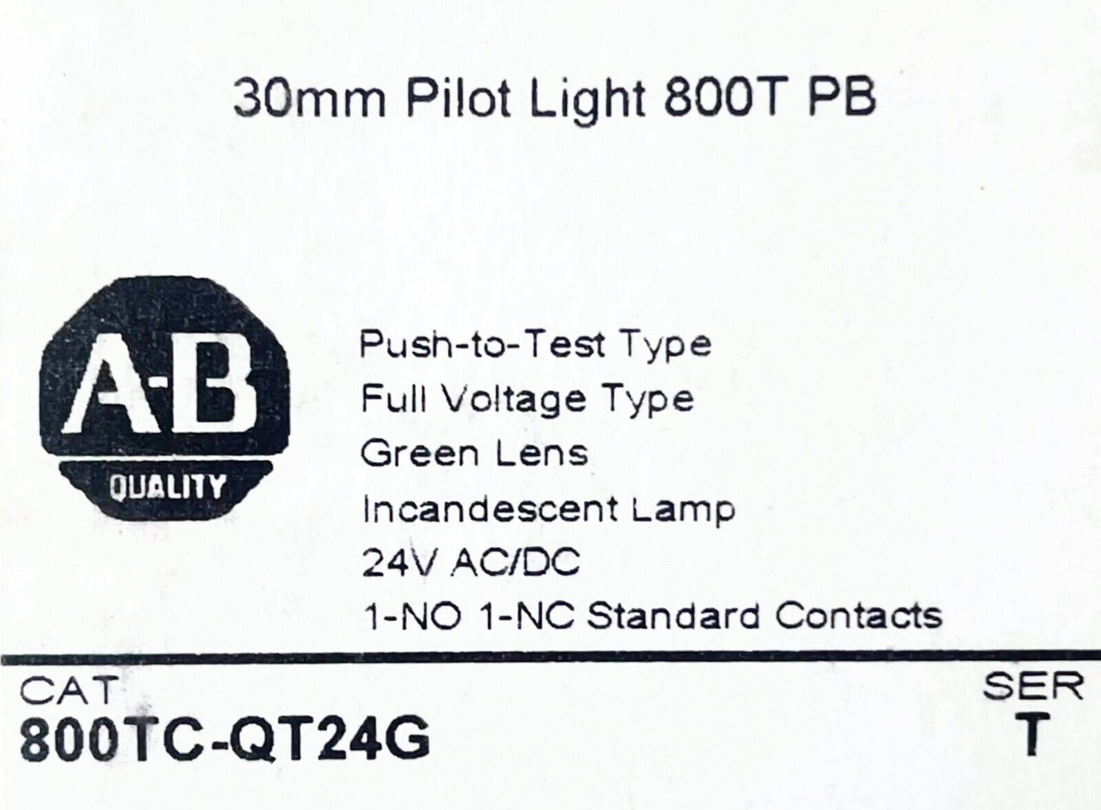 New! Allen Bradley 800TC-QT24G 30mm Pilot Light Green 24V AC/DC Free Shipping!
