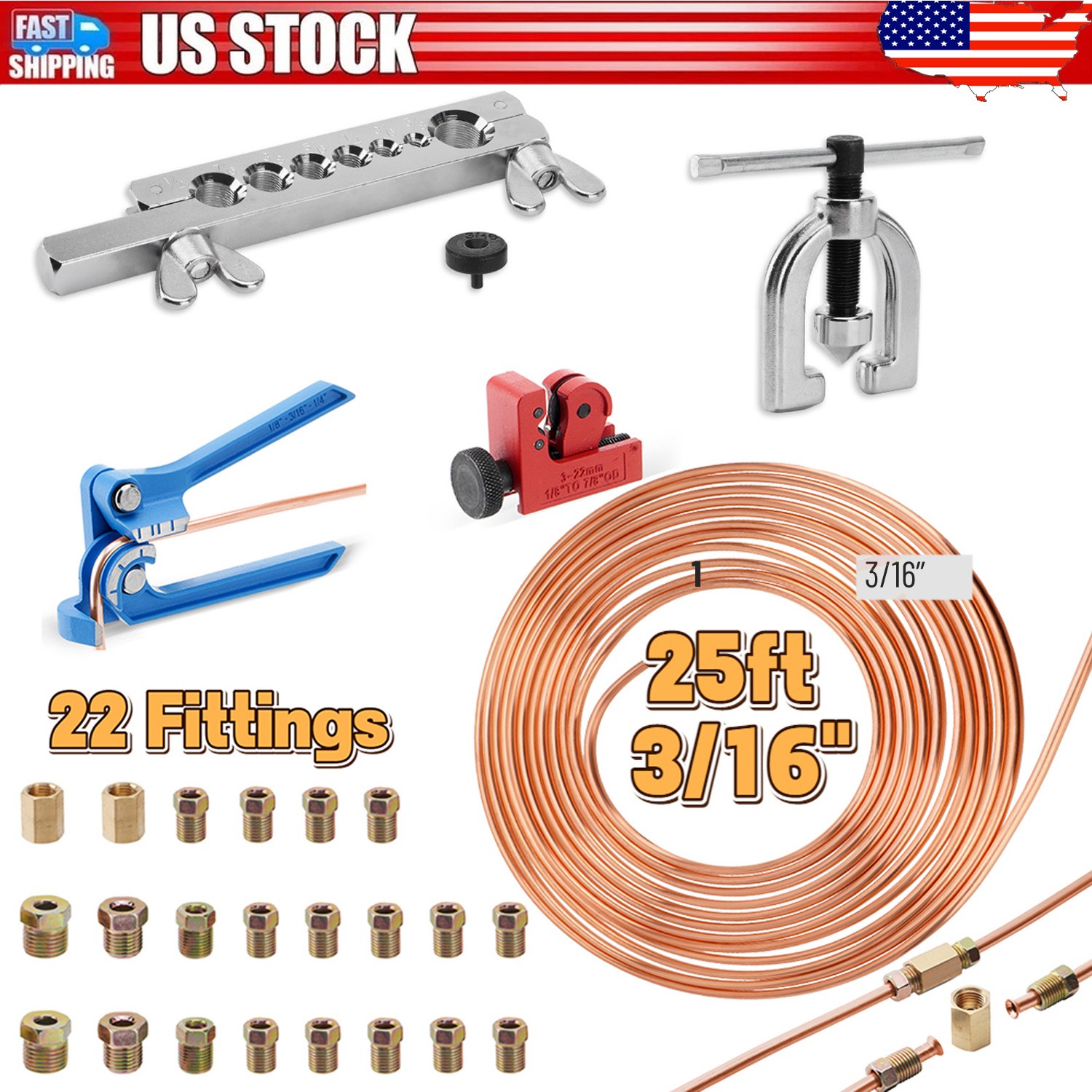 25Ft 3/16″ Copper-Coated Brake Line Kit With 16 Fittings, 2 Union + 4 Nut Set
