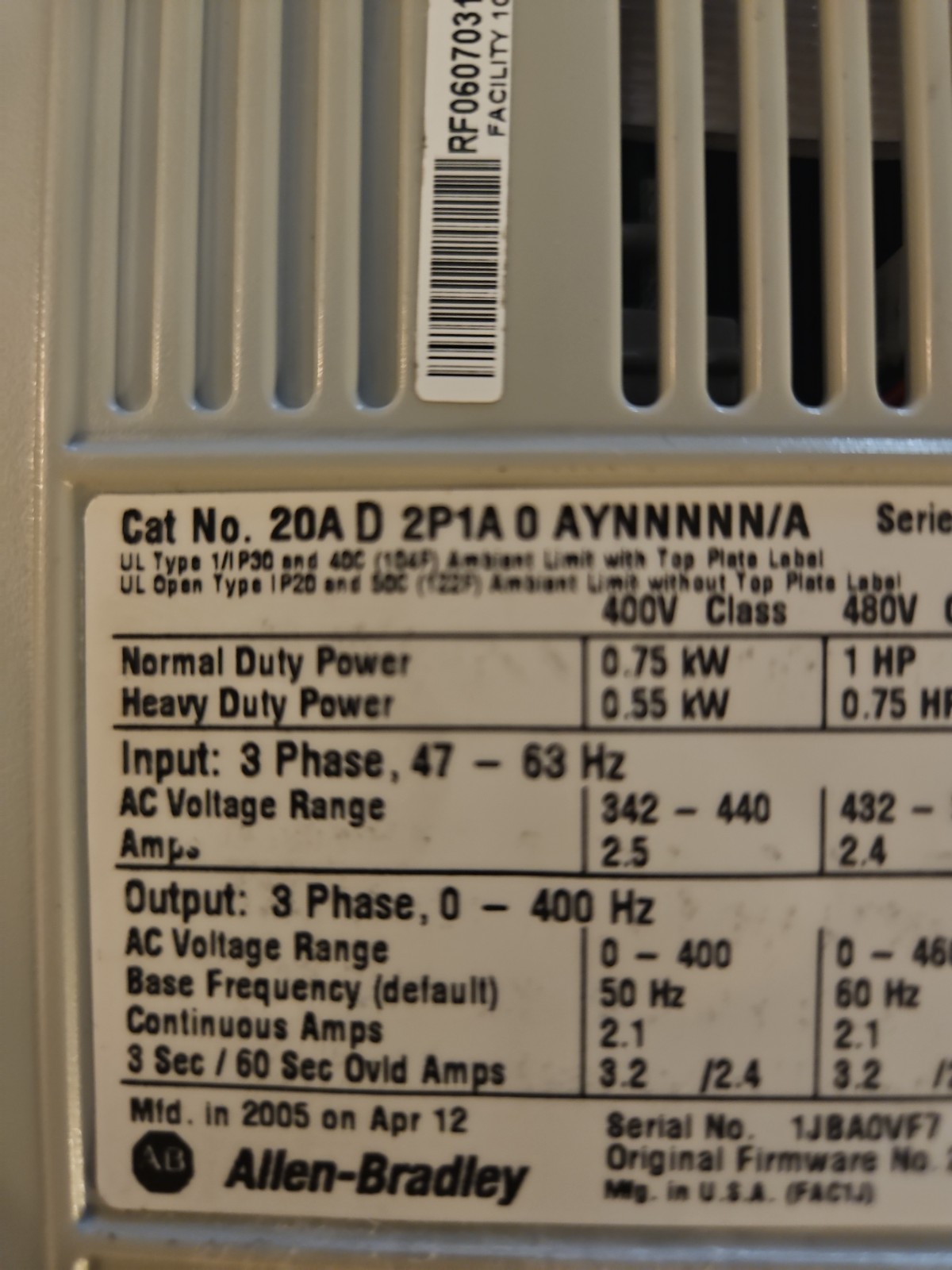 NEW ALLEN-BRADLEY POWERFLEX AC DRIVE 20AD2P1A0AYNNNNN/A