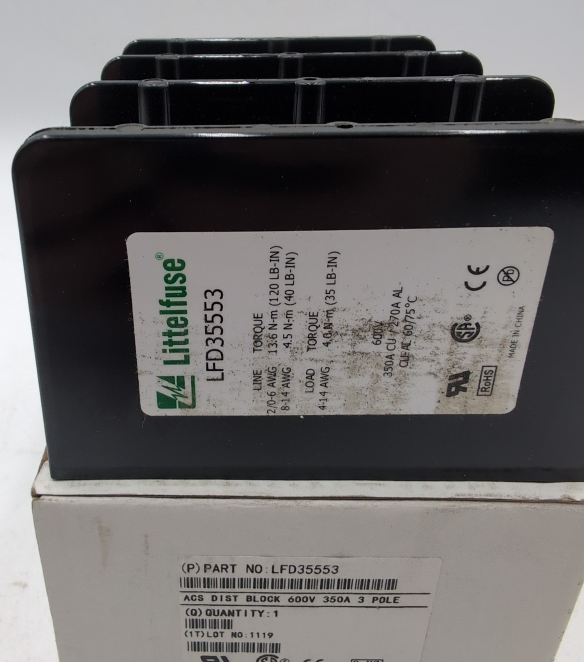 LittelFuse LFD35553 3 Pole Power Distribution Block Powr-Gard Series 350A 600V