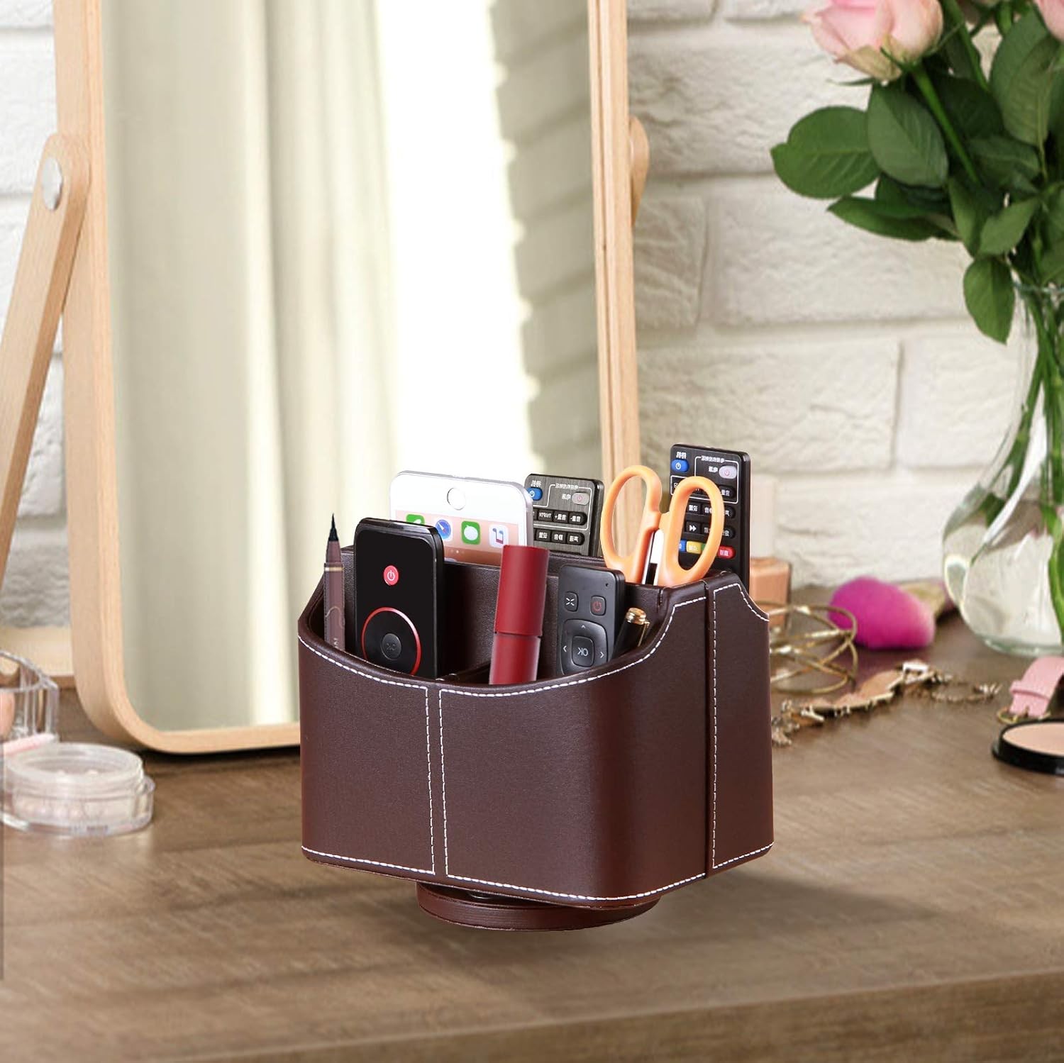 YAPISHI Leather Remote Control Holder, 360 Degree Spinning Desk TV 3# Brown