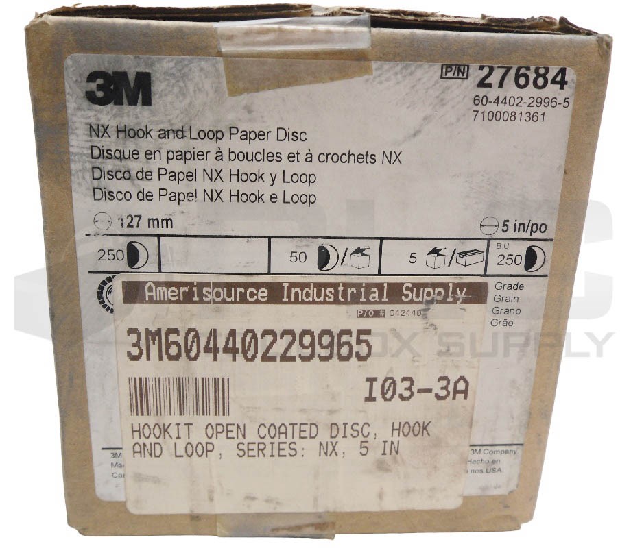 NEW SEALED BOX OF 250 3M 27684 NX HOOK AND LOOP DISC 5″ 127MM GRIT P240