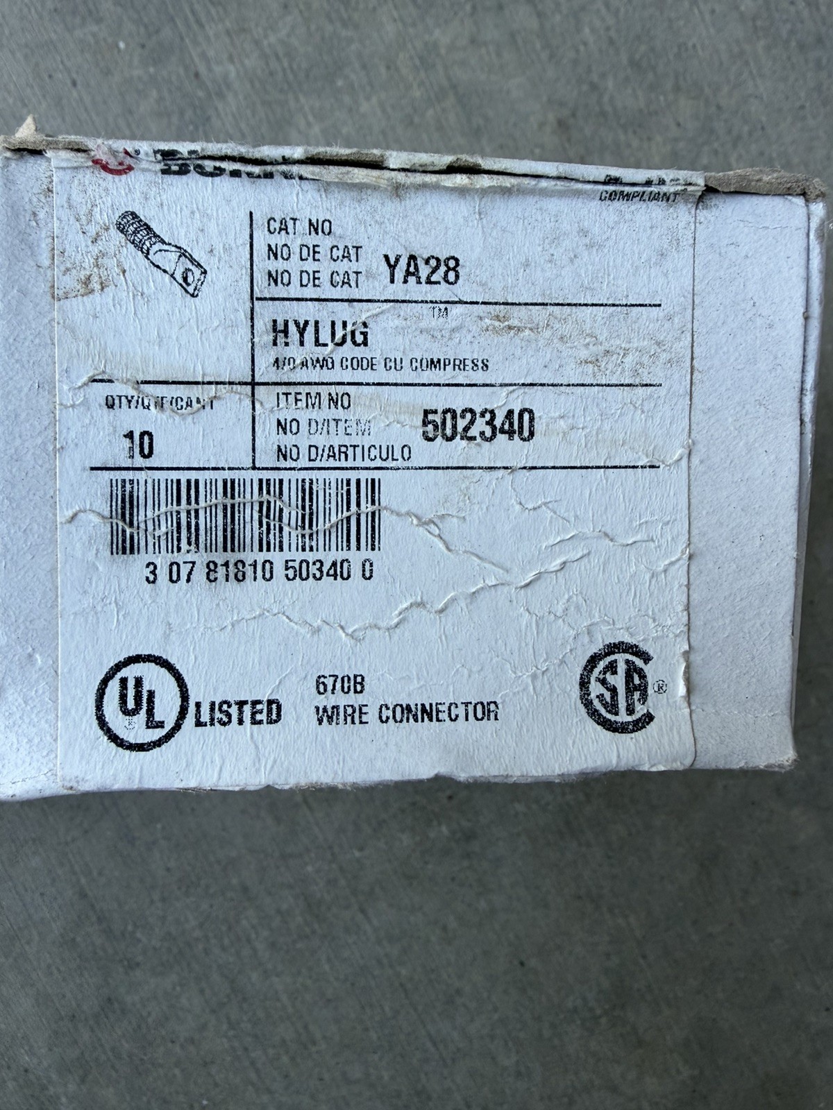 BURNDY YA28 Compression Cable Lug 35kV 4/0 AWG CU One Hole