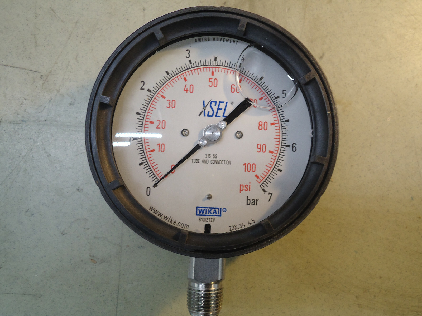 Wika Pressure Gauge 233.34 4-1/2″ 7 bar/2nd Scale PSI 1/2 NPT Lower Mount