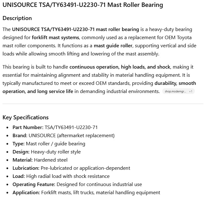 1 NEW UNISOURCE TSA/TY63491-U2230-71 MAST ROLLER BEARING NNB ***MAKE OFFER***