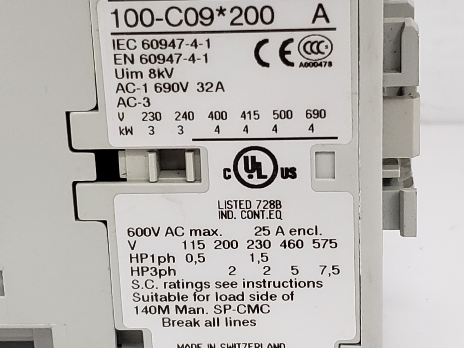 ALLEN BRADLEY 100-C09D200 CONTACTOR 9A 110/120V 2NO 2NC SERIES A
