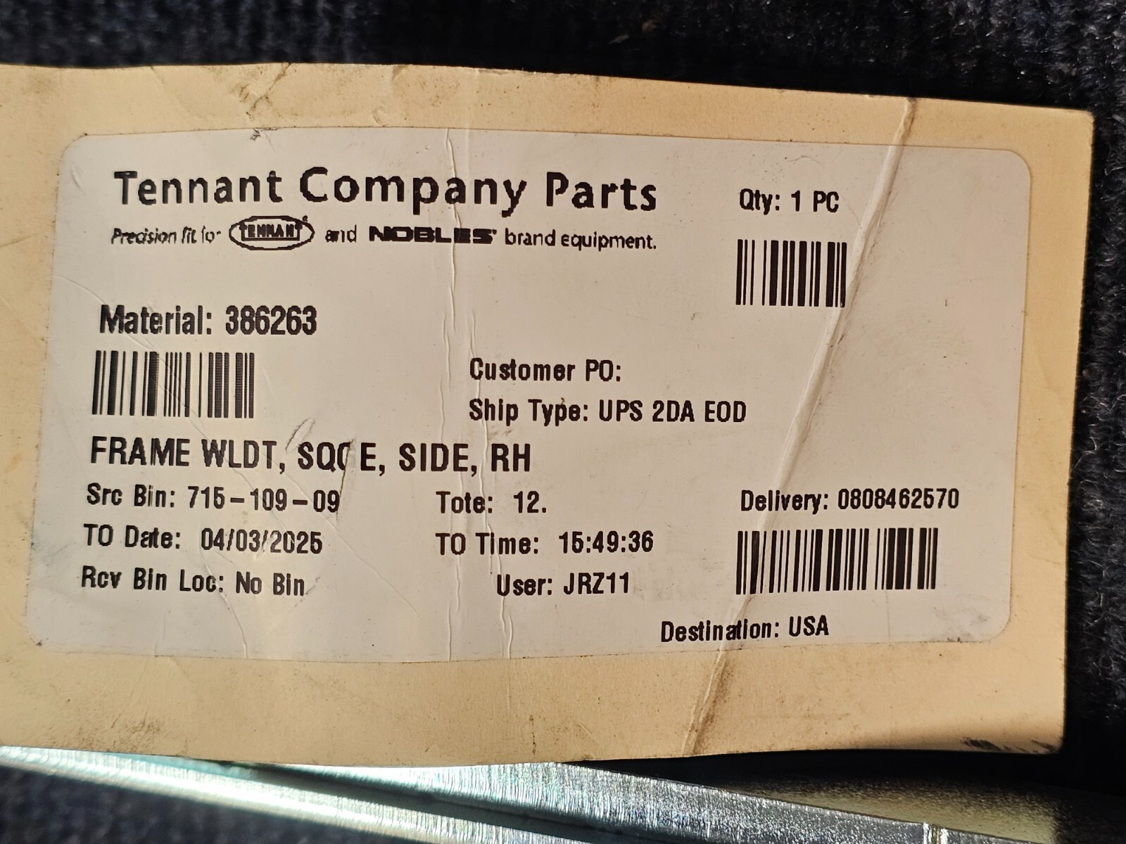 Tennant 386263 Right Side Squeegee Frame Weldment, Stainless Steel