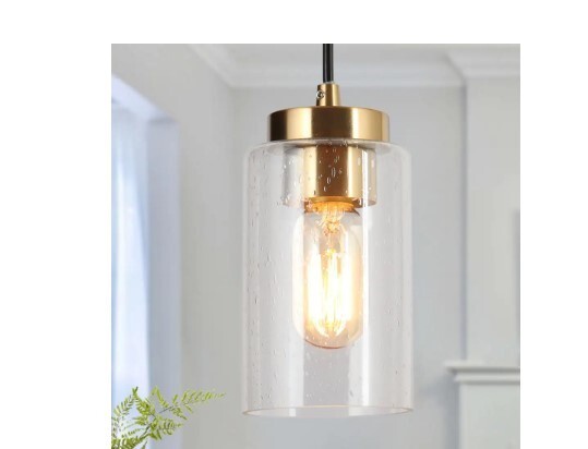 Zevni 4.7 in. 1-Light Brass Gold/Black Mini Pendant Light, Seeded Glass Pendant