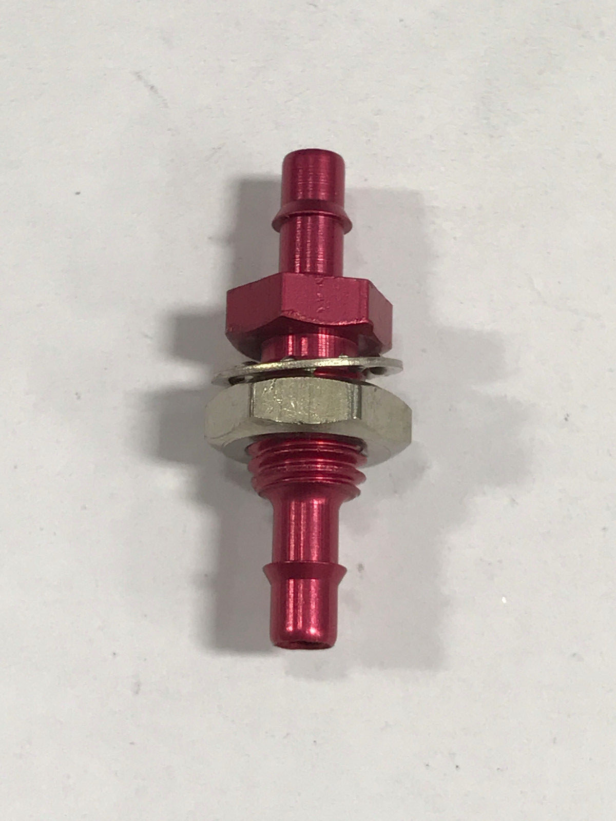 Red anodized aluminum bulkhead fitting, 1/4-28 UNF thread to 1/8 ID tubing barb