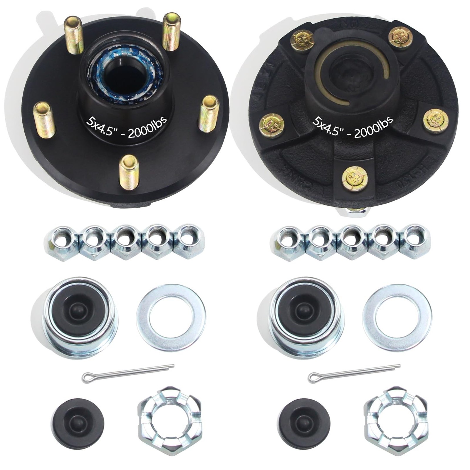 2 Sets Trailer Hub Kits 5 on 4.5” for 2000 lbs 1-1/16” Straight Spindle, Pr…