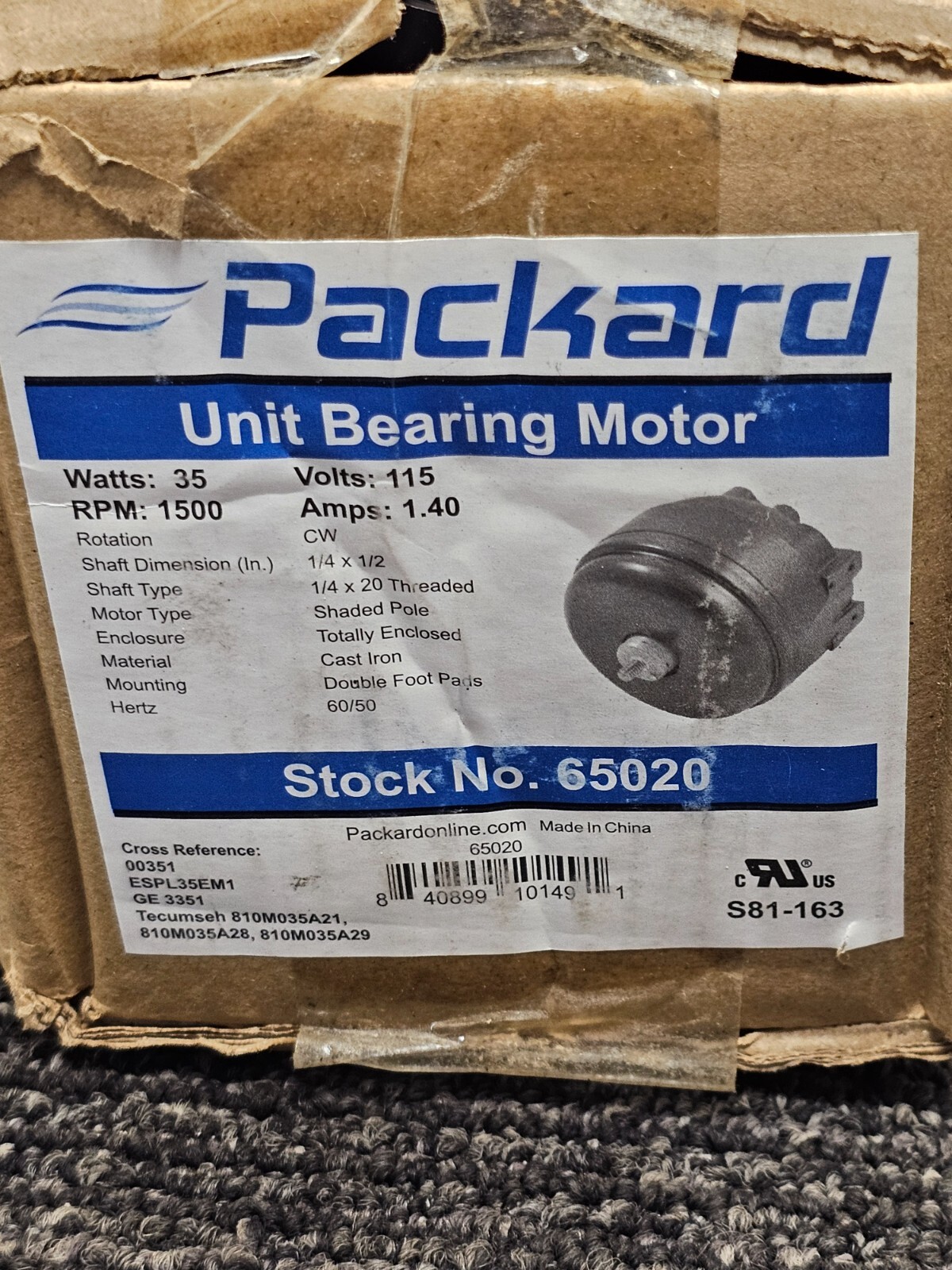 Packard 65020 Watt Motor 35 Watt 1500 RPM 120 VAC CW 1/4 Threaded Shaft