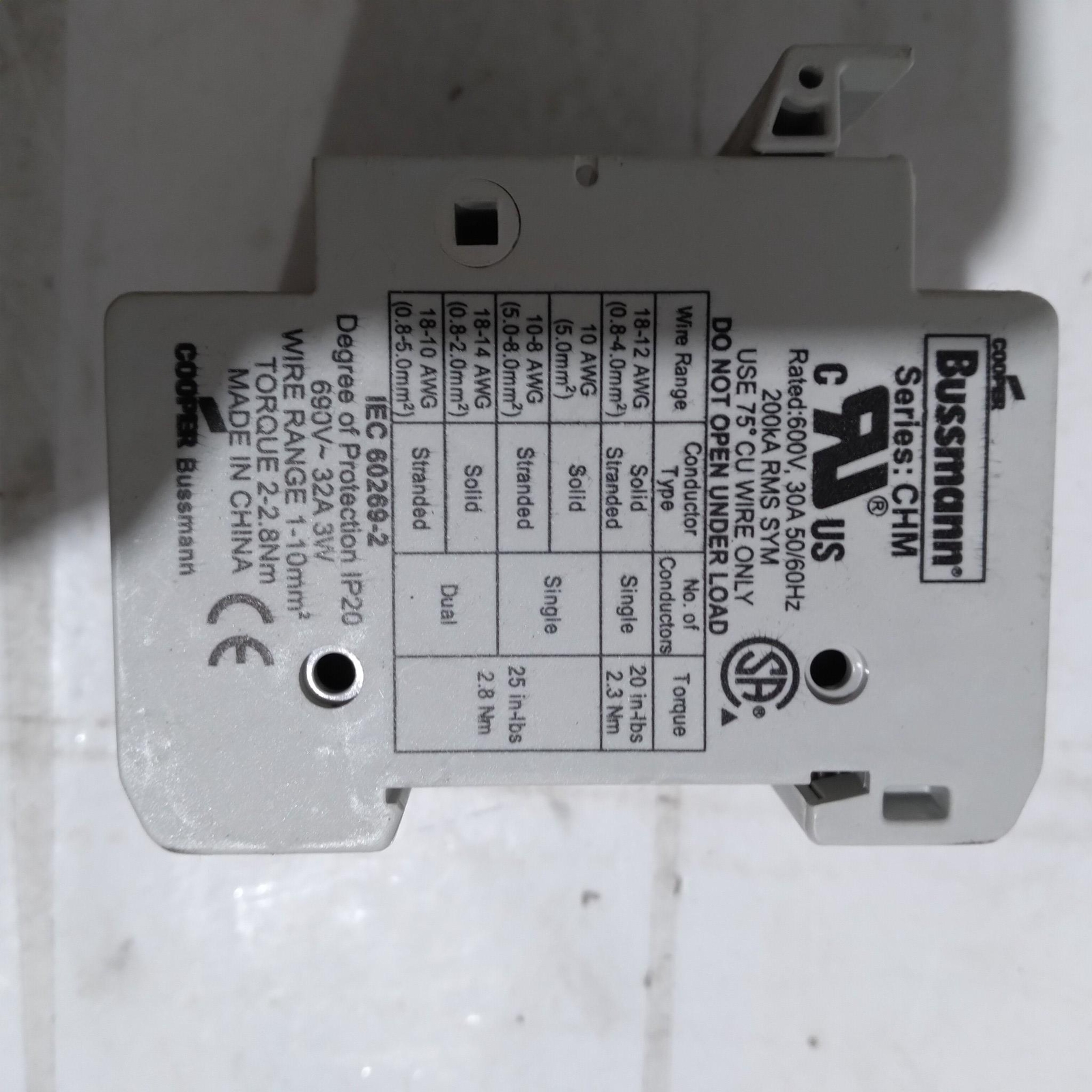 COOPER BUSSMANN SER.CHM 600V 30A 50/60HZ 200KA RMS SYM IEC 60269-2 3W