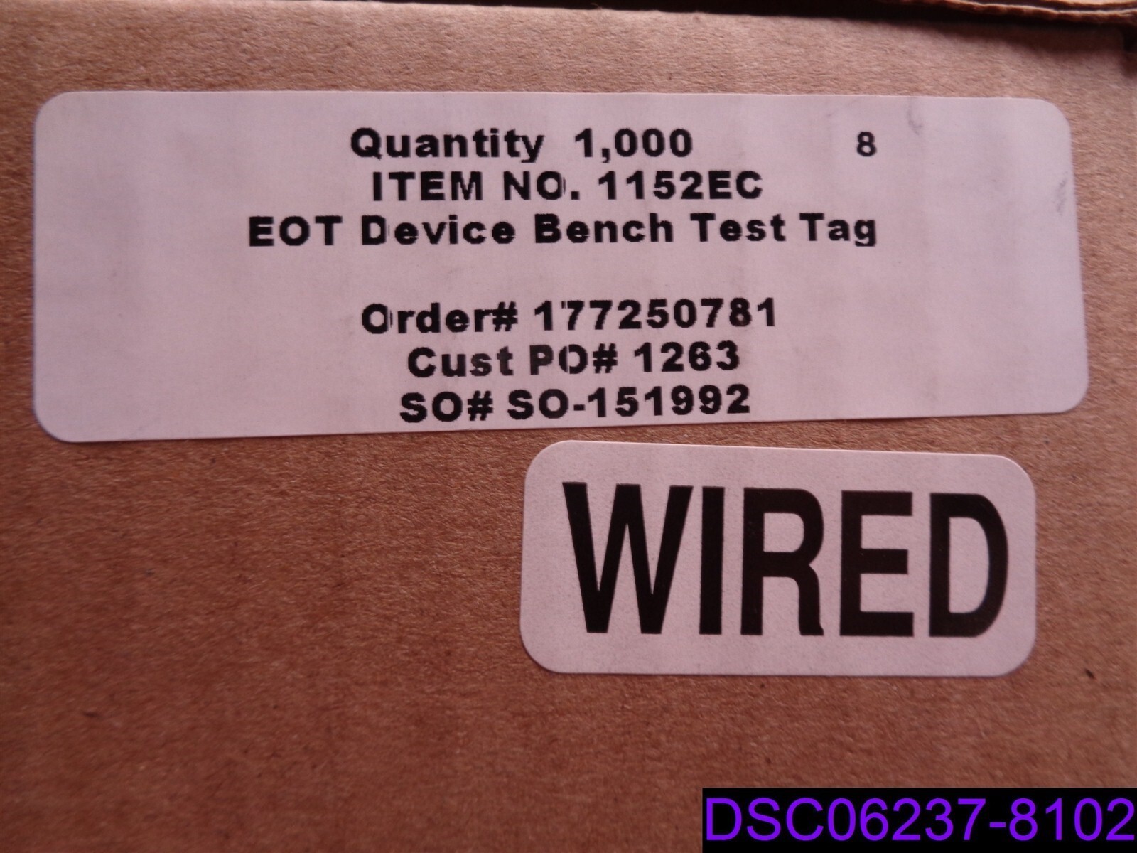 Qty = 5,000 (5 Boxes x 1,000): EOT Device Bench Test Tag P/N 11582EC