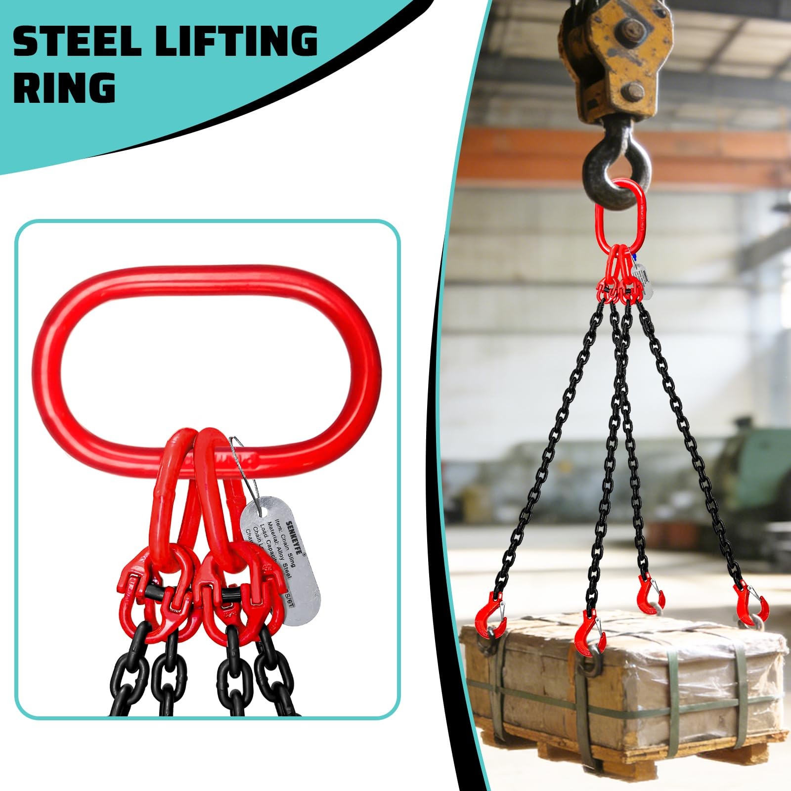 SENKEYFE 3 Ton Chain Sling 1/4″ x 5ft 4 Legs G80 Lifting Chain Hoist Sling