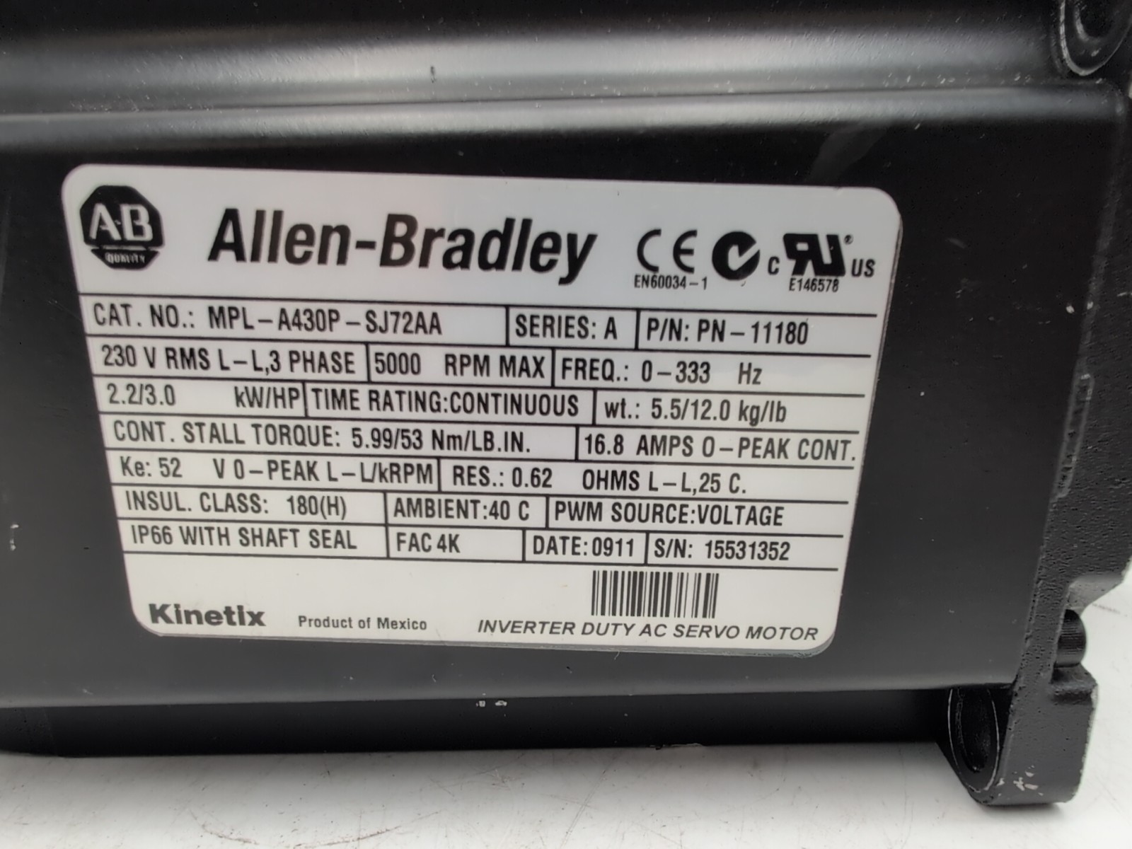 Allen Bradley MPL-A430P-SJ72AA 5000 RPM, 5.99 NM , 230 VAC, Servo Motor. Good!