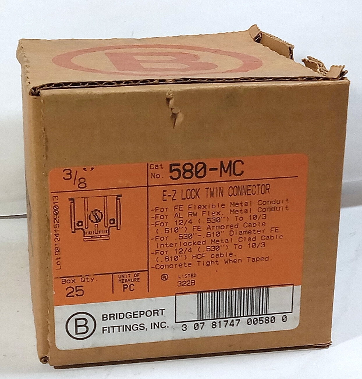 25 NEW BRIDGEPORT 580-MC 3/8″ E-Z LOCK TWIN CONNECTORS NIB ***MAKE OFFER***
