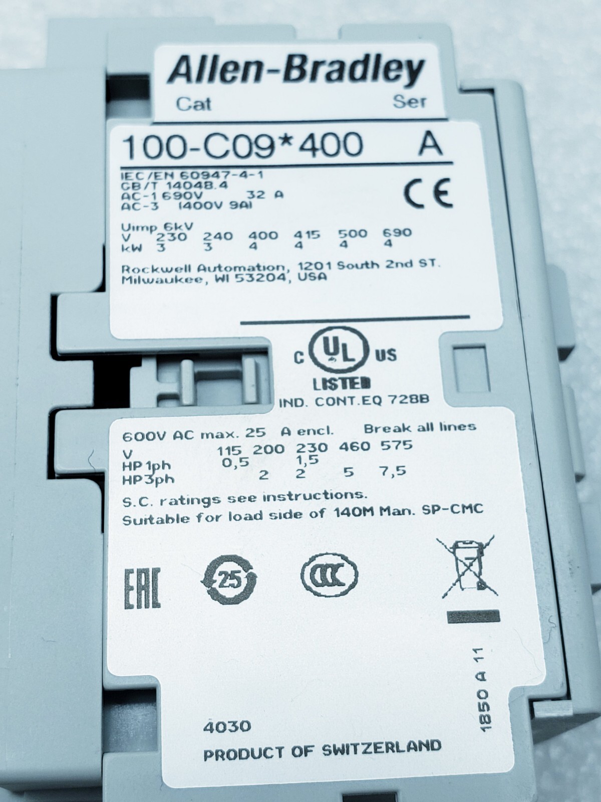 ALLEN BRADLEY 100-c09*400 110V/120V COIL 100-F A20 100-C09400