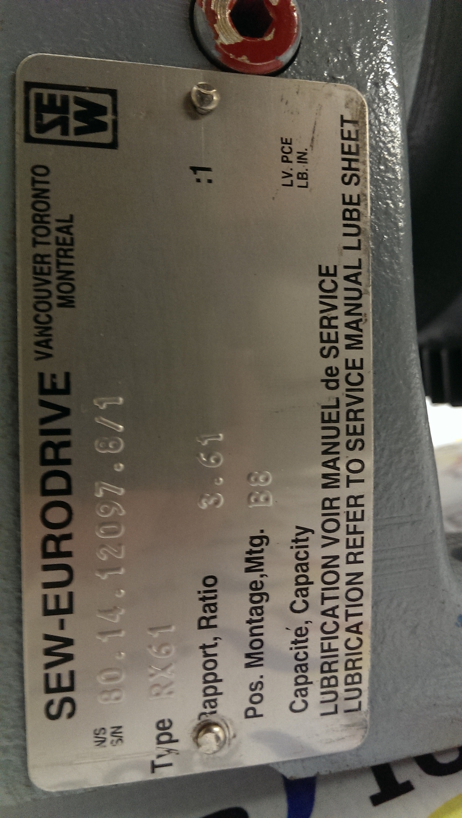 NSSP SEW EURODRIVE 1.5HP MOTOR RX61DT90S4 RX61 DT90S4 471RPM 3.61:1 3PH 230/460V