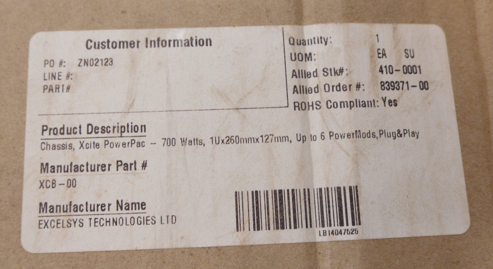 NEW EXCELSYS XCB POWER SUPPLY 100-240VAC 8.5A 50-60HZ